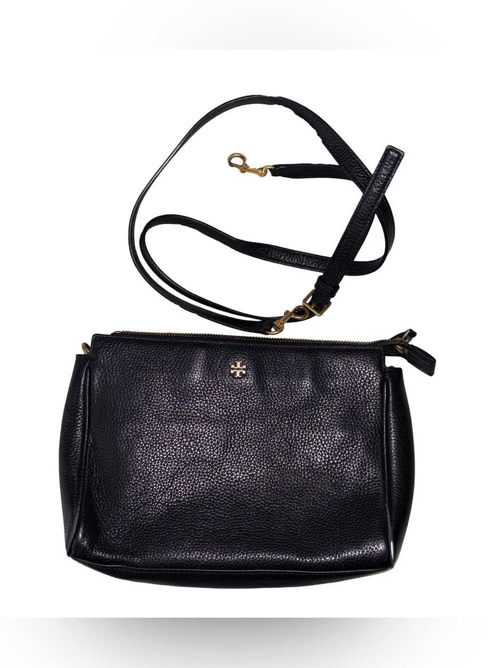 Tory Burch Black Pebbled Leather Crossbody Bag Gold Hardware